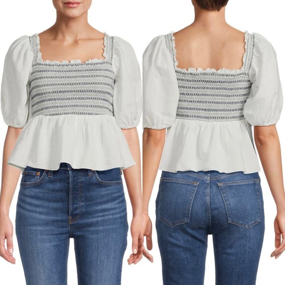 NWT Something Navy White Linen Blend Smocked Puff Shoulder Top